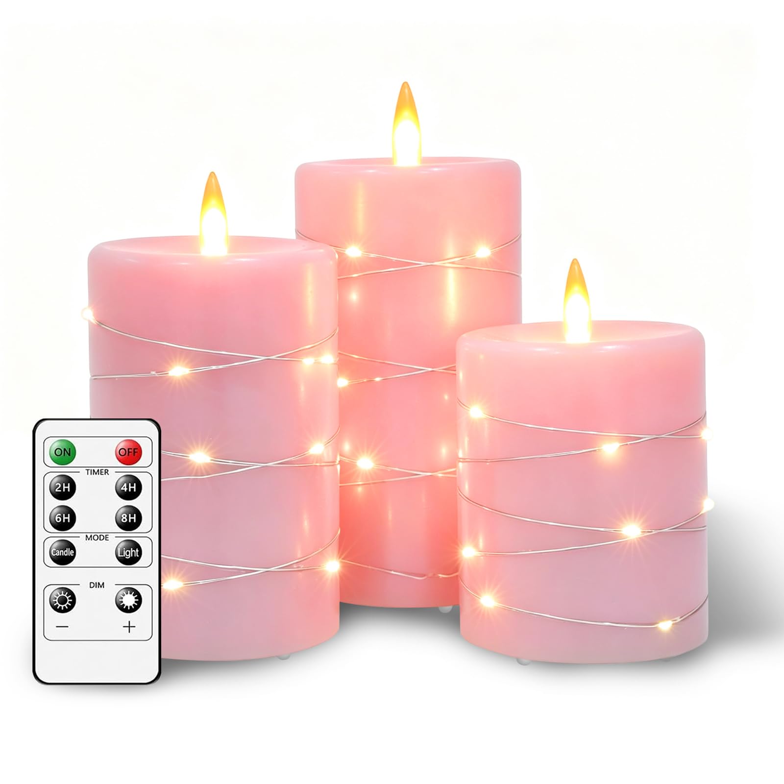 Candele LED Senza Fiamma set 3,Real Wax Pilastro Luce Candela Ricaricabili USB,con telecomando e timer Candele LED per festa, decorazione abitativa, campeggio, matrimoni (rosa)