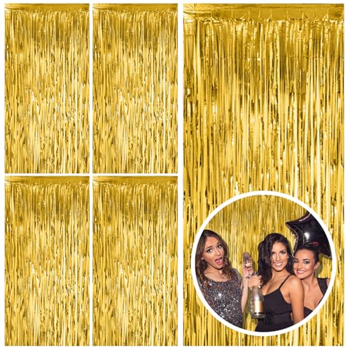 Image of 5 Pack Gold Fringe Curtain Backdrop Tinsel Streamers Birthday Party Decorations Christmas Photo Booth Backdrop Halloween New Year Graduation Baby Shower Theme Party Decorations