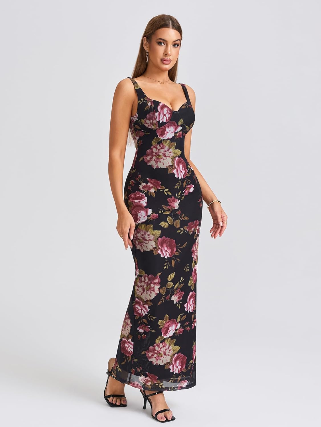 HTZMO Women Summer Floral Bodycon Maxi Dress V Neck Halter Sleeveless Casual Wedding Guest Party Elegant Long Dresses - Image 5