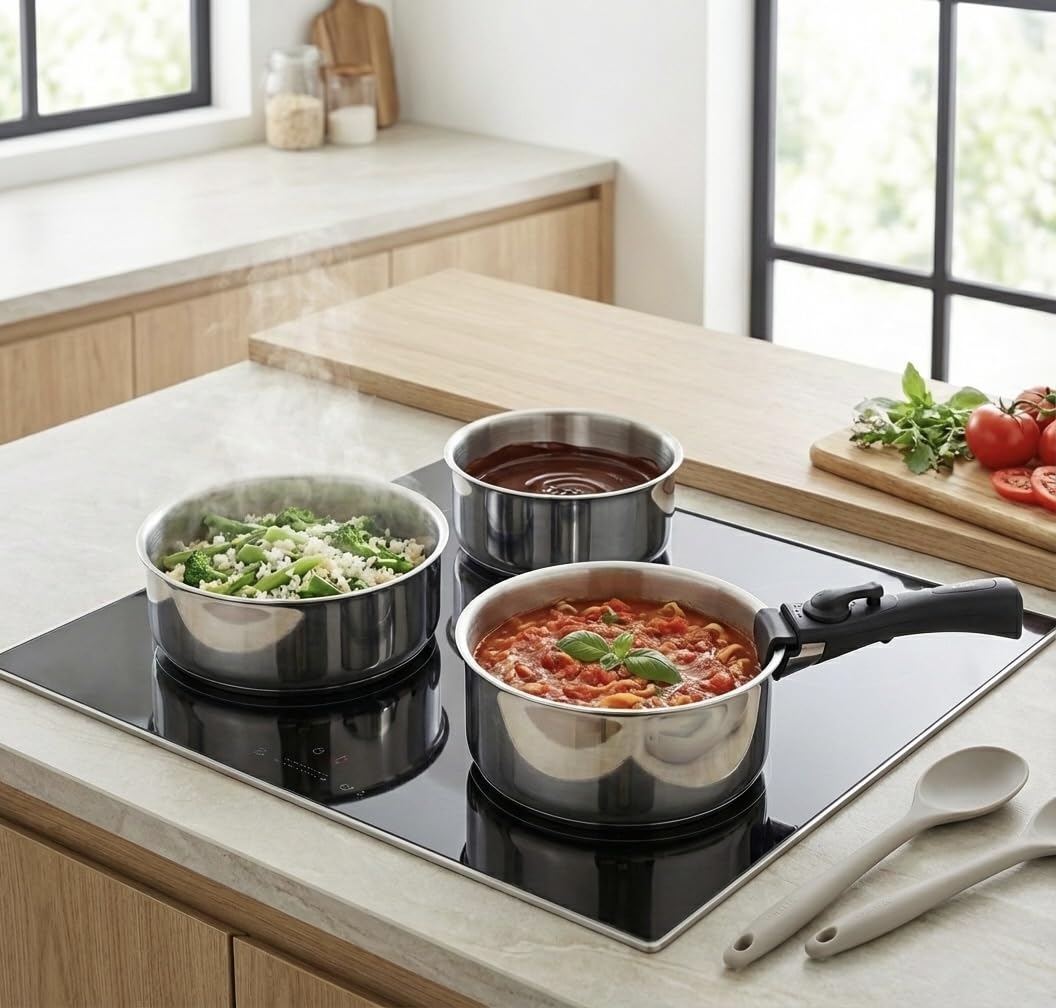 Lot Coffret de 3 Casseroles Inox 18/10 Triply - 16/18/20 cm - Manche Amovible - Sans Revêtement - Sans PFAS, PFOA, PTFE - Compatible Tous Feux Dont Induction - Cuisson Saine et Durable