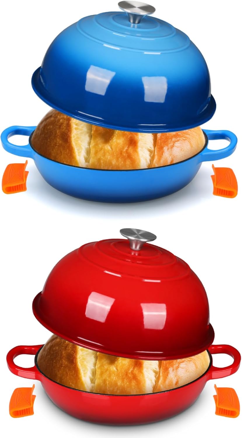 LIFERUN 2x6qt Enameled Cast Iron Dutch Oven for Bread Baking, Non-Stick Dome-Shaped Bread Oven Pot with Lid, Red and Blue