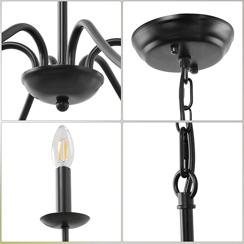 Miniatura 4 de Cunfash Candelabro negro de 6 luces para comedor, lámpara industrial de granja sobre mesa, lámpara colgante para isla de cocina, lámpara de vela