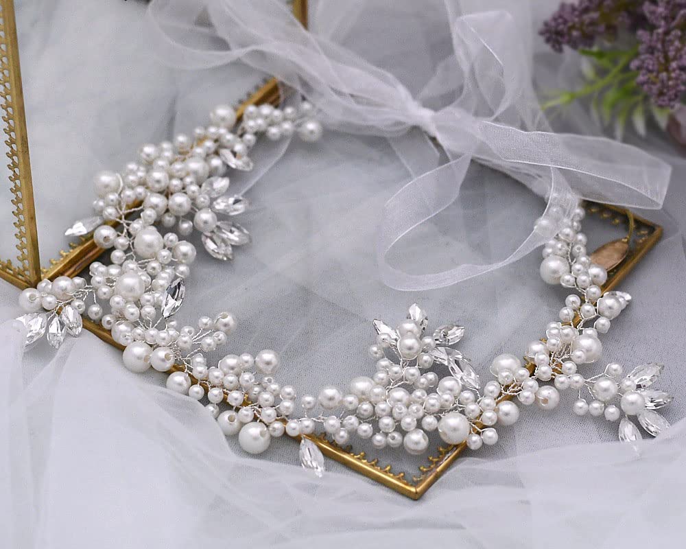 2 Pezzi Donna Accessori Acconciature Sposa Bianche Fascia Capelli Vite a Pelo Breve Cerchietti Damigelle - Gioielli per Testa Dorati Ragazza in Perle e Strass(40cm/15,7 Pollici)
