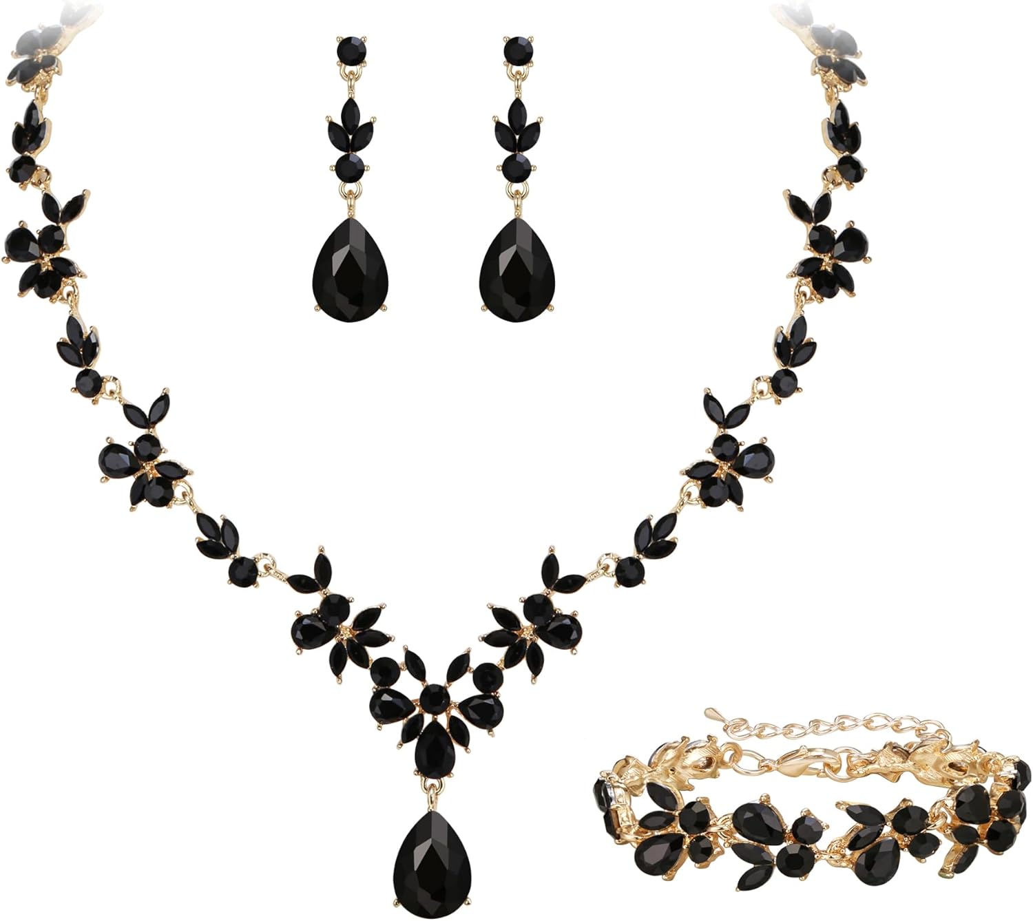 Crysdue Wedding Jewelry Set for Women Bride Bridesmaid, Stunning Marquise Rhinestone Crystal Floral Leaf Vine Pendant Necklace Dangle Earrings Bracelet for Prom Party