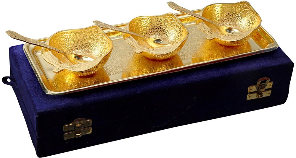 JAIPUR ACE Gold Plated Apple Shaped Brass Bowls and Tray Set of 7 Pieces (Abg00007)