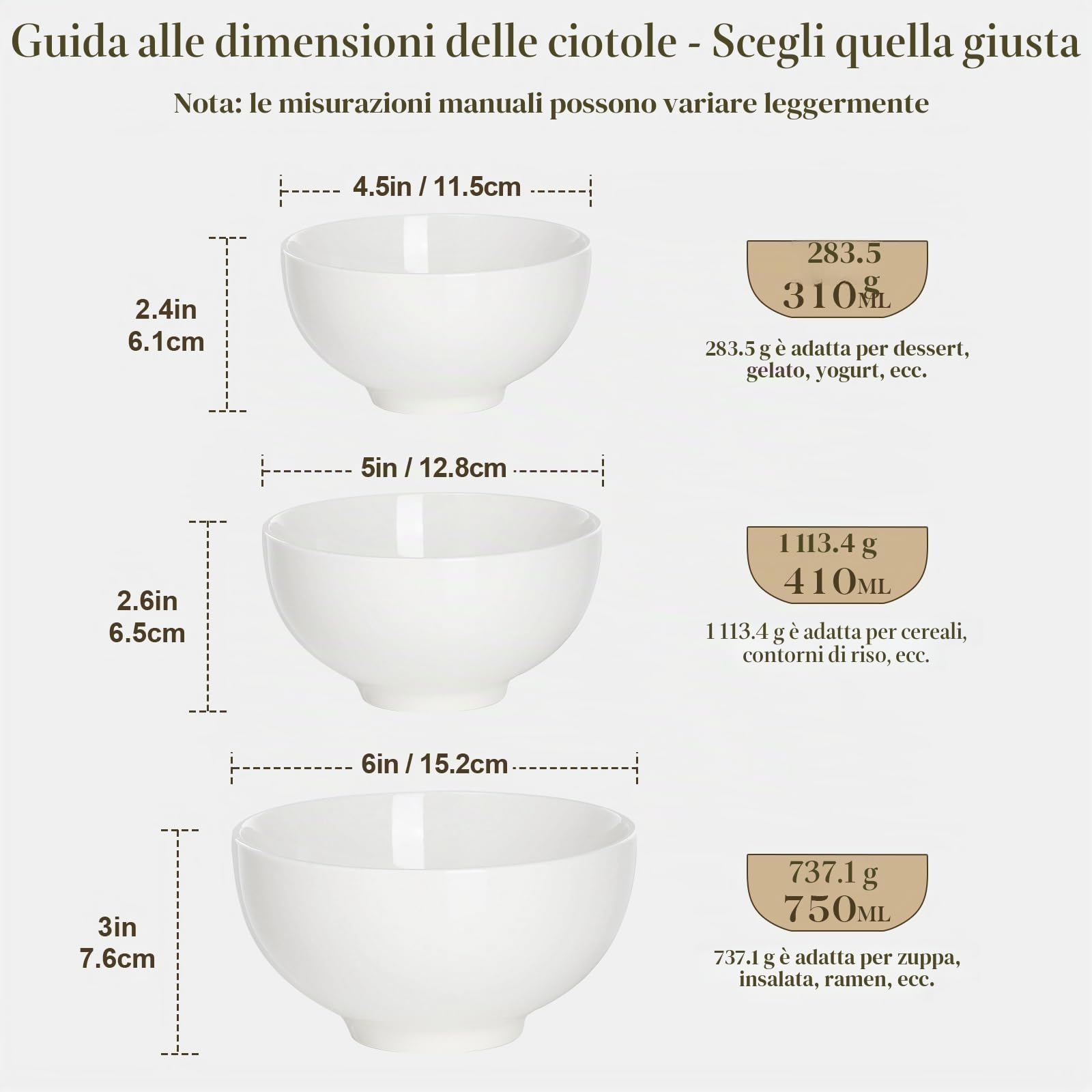 MALACASA Serie REGULAR, 6 Ciotole per Cereali in Porcellana Bianca da 780 ml, Ciotole Rotonde per la Colazione (15,2 cm), Ideali per Zuppe, Insalate e Riso