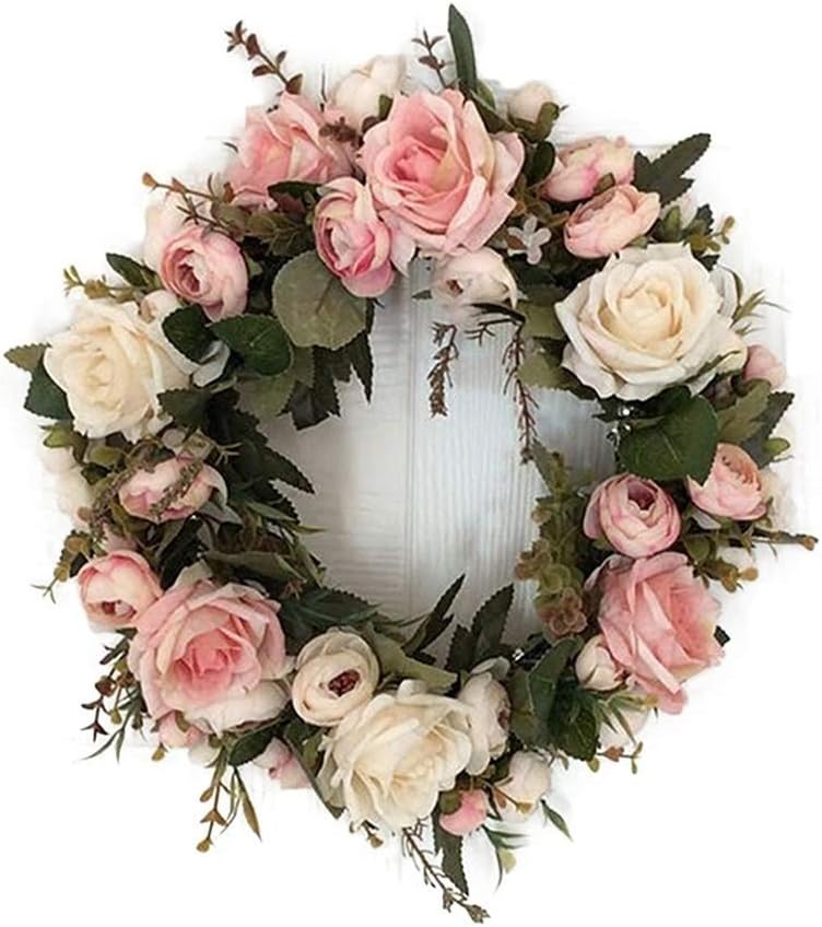 Ocamo Classic Wreath Artificial Simulation Roses Peonies Flowers Garland for Home Lintel Decoration Wedding Party Decor Pink Peony