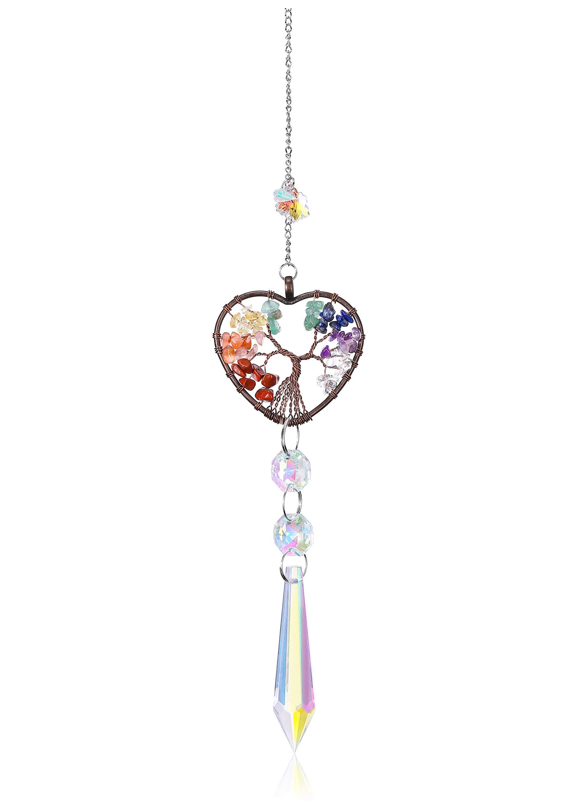 Sun Catcher Hanging Crystals 7 Chakra Stones Tree of Life Crystal Suncatcher for Window Rainbow Maker Light Catcher Prism Suncatcher Decoration for Car Home Garden