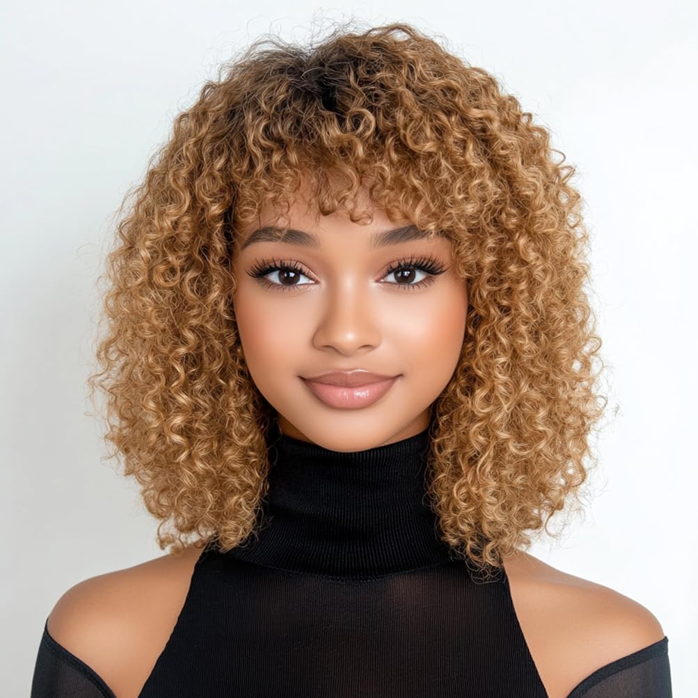 Style Icon 14” Short Afro Curly Human Hair Wigs Glueless Blonde Wig