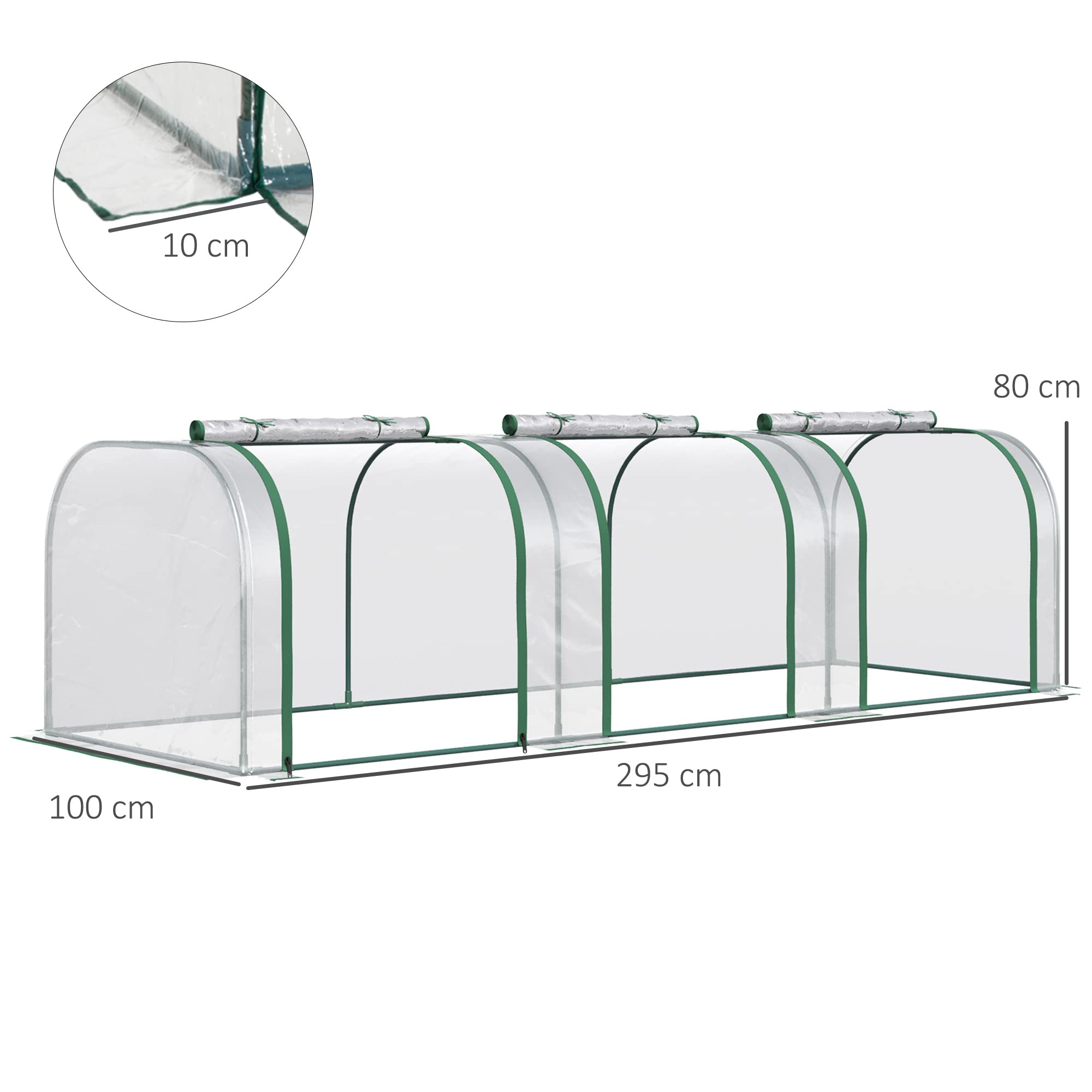 Outsunny Mini Serre de Jardin Mini Serre Tunnel Serre à Tomates 3 x 1 x 0,8 m Acier Plastique Haute densité Anti-UV 3 Portes avec Zip enroulables Transparent