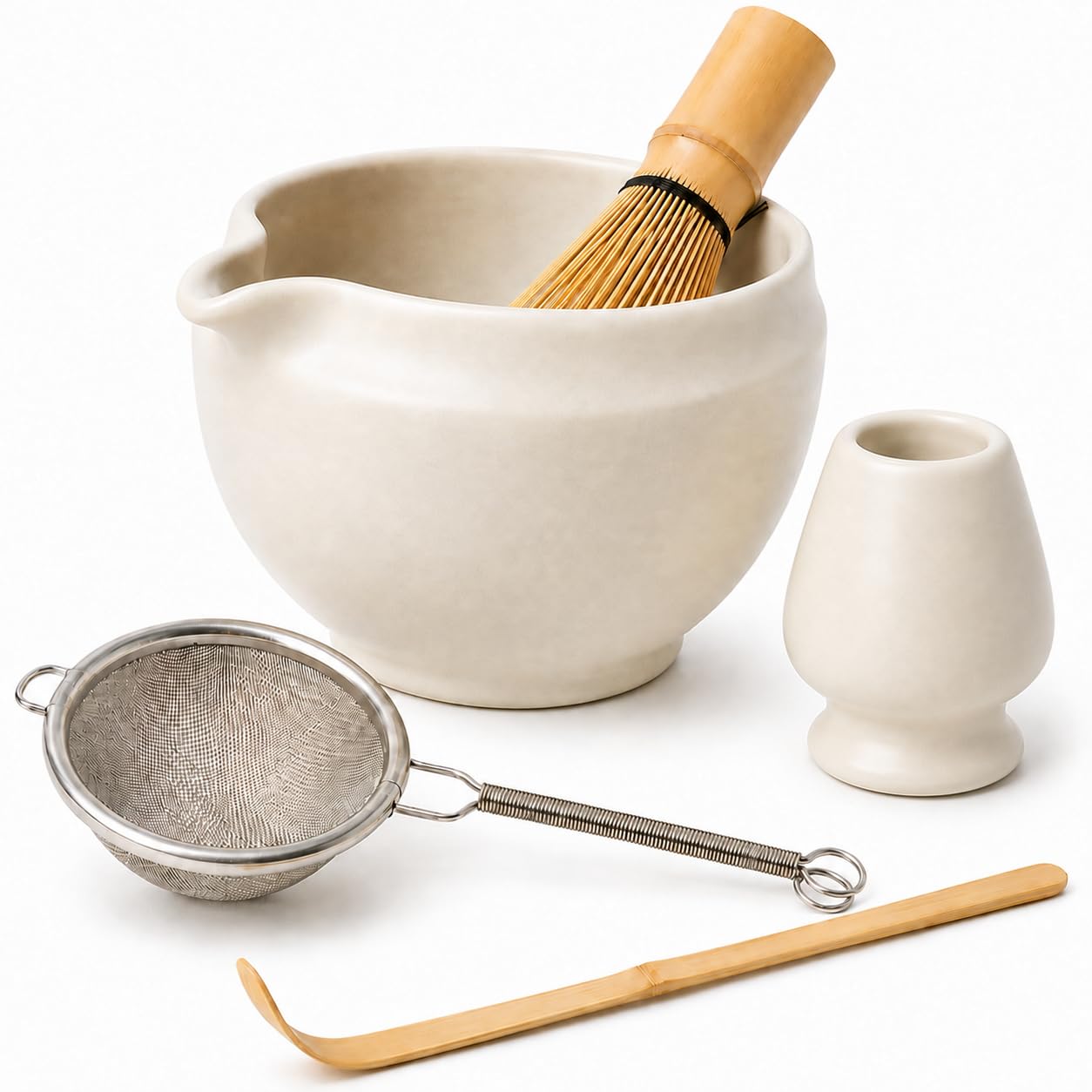 Set da 5 pezzi con ciotola per matcha, frusta in bambù, supporto per scopa, cucchiaio e setaccio, accessori per la preparazione tradizionale del matcha, regalo per gli amanti del matcha