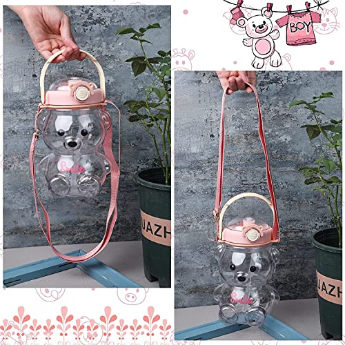 Image of 1 Liter Capacity Cartoon Teddy Bear Water Bottle Sipper Water Bottle Portable Mouth With Straw, Sticker, Strap Smile Teddy Bottle - Color (Pink)