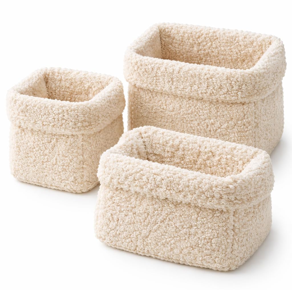 Aufbewahrungskorb Wickeltisch Baby, Körbchen Set 3 Stück, Organizer Wickelkommode, Utensilo Aufbewahrungsbox Badezimmer (BOUCLE_CREME)