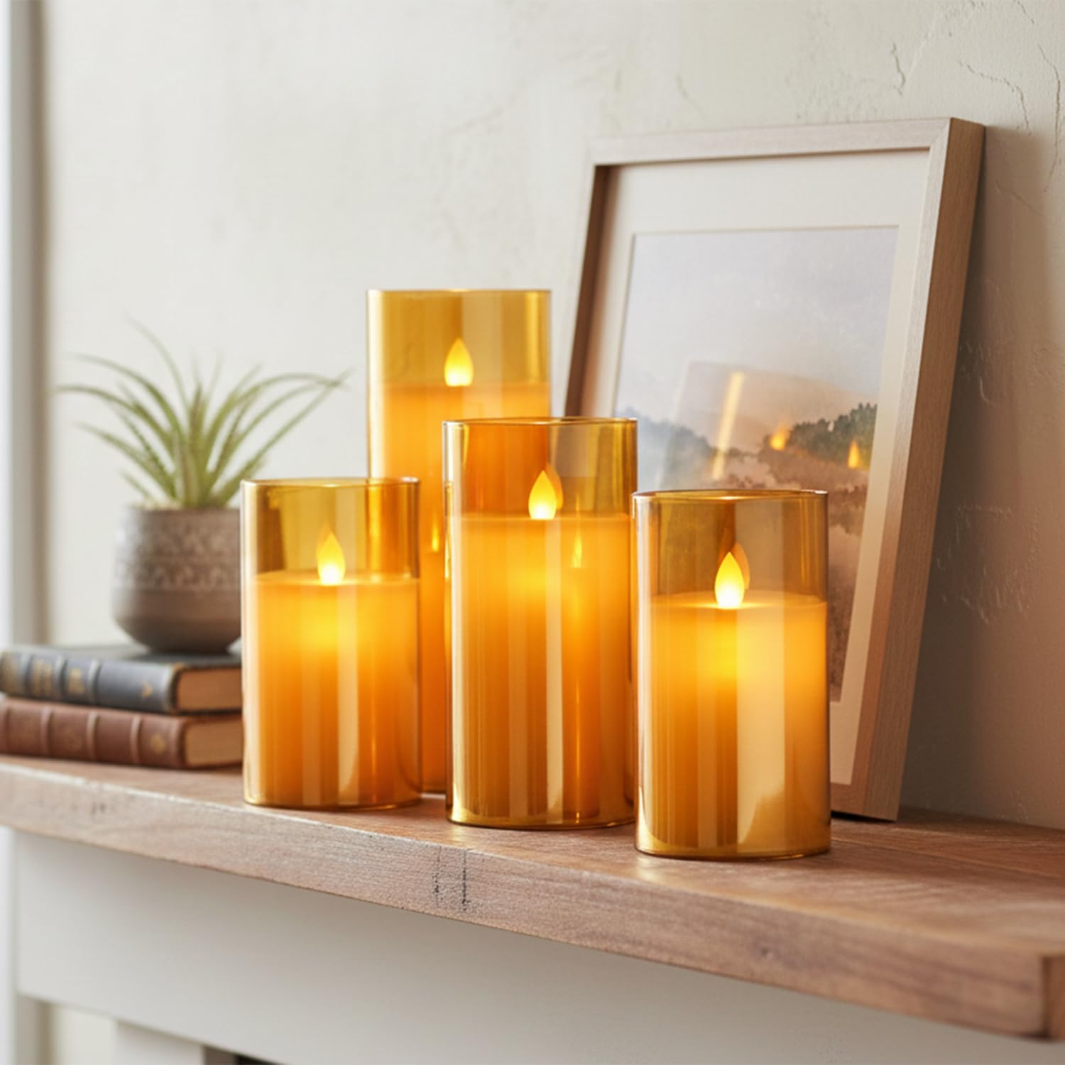 Pack 4 - LED Glass Cup Pillar Candle | Real Wax | Flameless Electric Candles with Flickering Faux Wick | Amber Color Glass | Battery Powered with Remote Controller for Home Decor (H-6" x D-3")