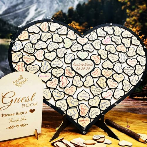 Image of Wedding Guest Book Unique Wooden Heart Alternative GuestBook Bridal Shower Wedding Decoration with 83 Wooden Hearts 1 Sign Pen Set (Black)