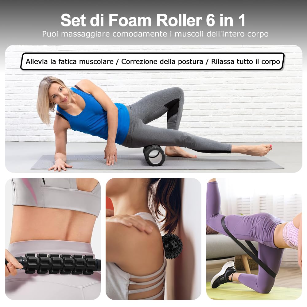 Rullo Massaggio Muscolare, Qveetry 6 in 1 Foam Roller Rullo in Schiuma Pallina Massaggiante Bastone Massaggio bande di resistenza per Stretching Yoga Pilates Rilascio Miofasciale