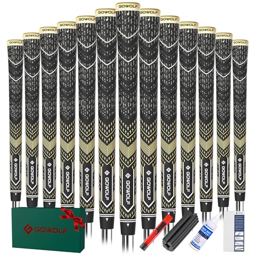 Gowolf Golf Grips Cord Rubber Multi-compound Golf Driver Irons Club 13pcs Golf Grips Colored Top Cover SL02 Pro with Full Kit (Black/Gold,Midsize)