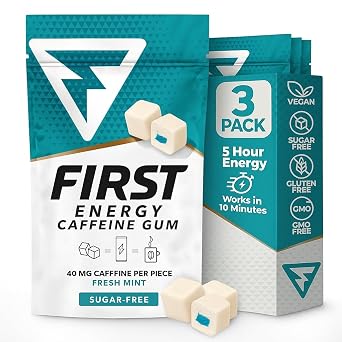 First Energy Gum Caffeine Gum, Sugar-Free Gum, Fast-Acting Focus & Energy Gum Booster, Ideal for Sports, Work, Study, Drive & On-The-Go Alertness, Fresh Mint Flavor Chewing Gum, 3 Count Pack of 1