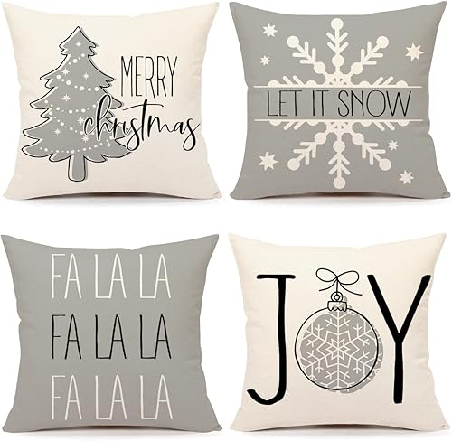 4TH Emotion Juego de 4 fundas de almohada de Navidad grises de 20 x 20 pulgadas, decoración navideña de granja con diseño de árbol de la alegría y
