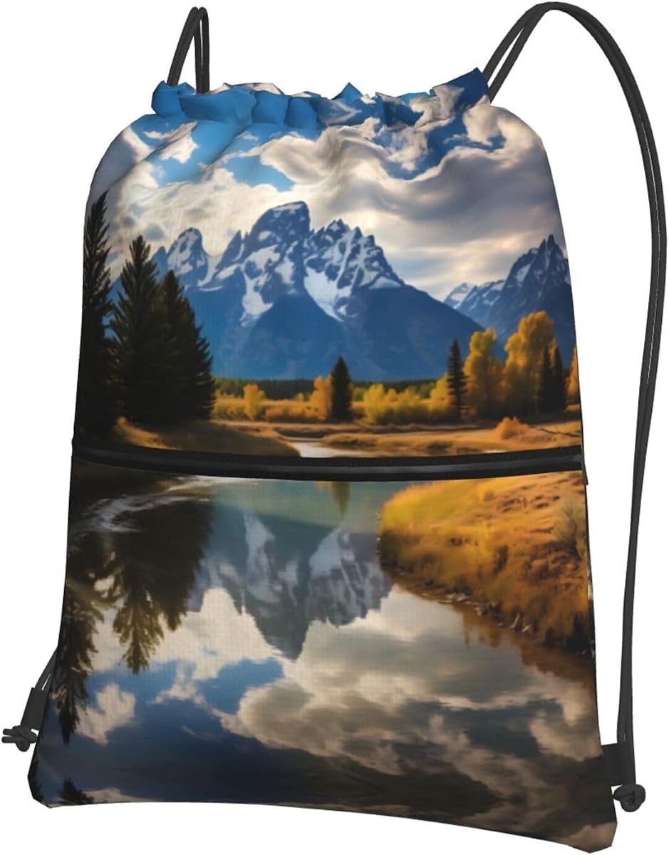 Grand Teton National Park Prints Drawstring Zipper Backpack Lightweight Sport Gym Bag Water-Resistant Travel Throw Cover for Men Women Teens