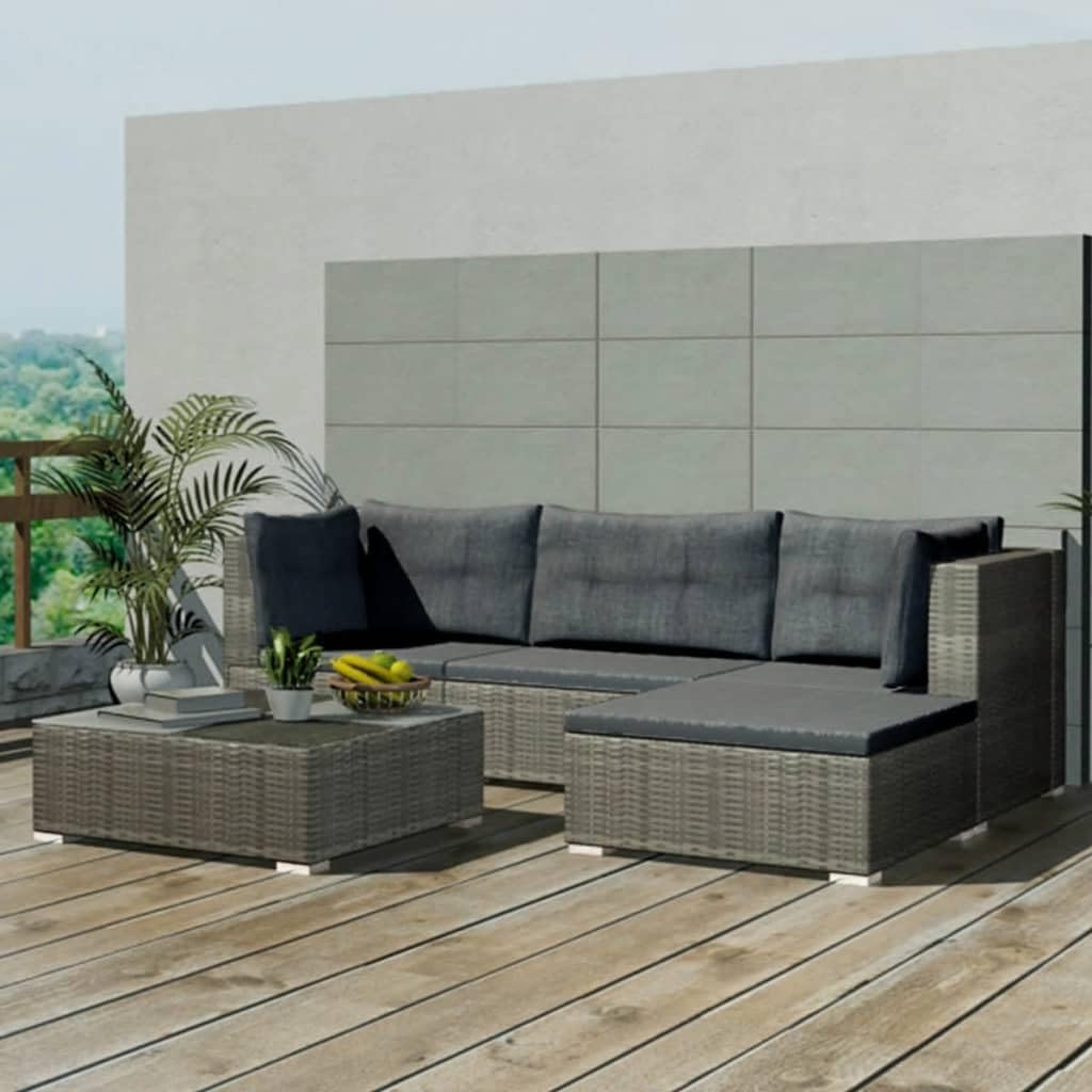 Juego de muebles de jardín modulares de ratán gris de 5 piezas, con sofás, mesa de café y taburetes para terraza y jardín, incluye cojines de asiento y respaldo