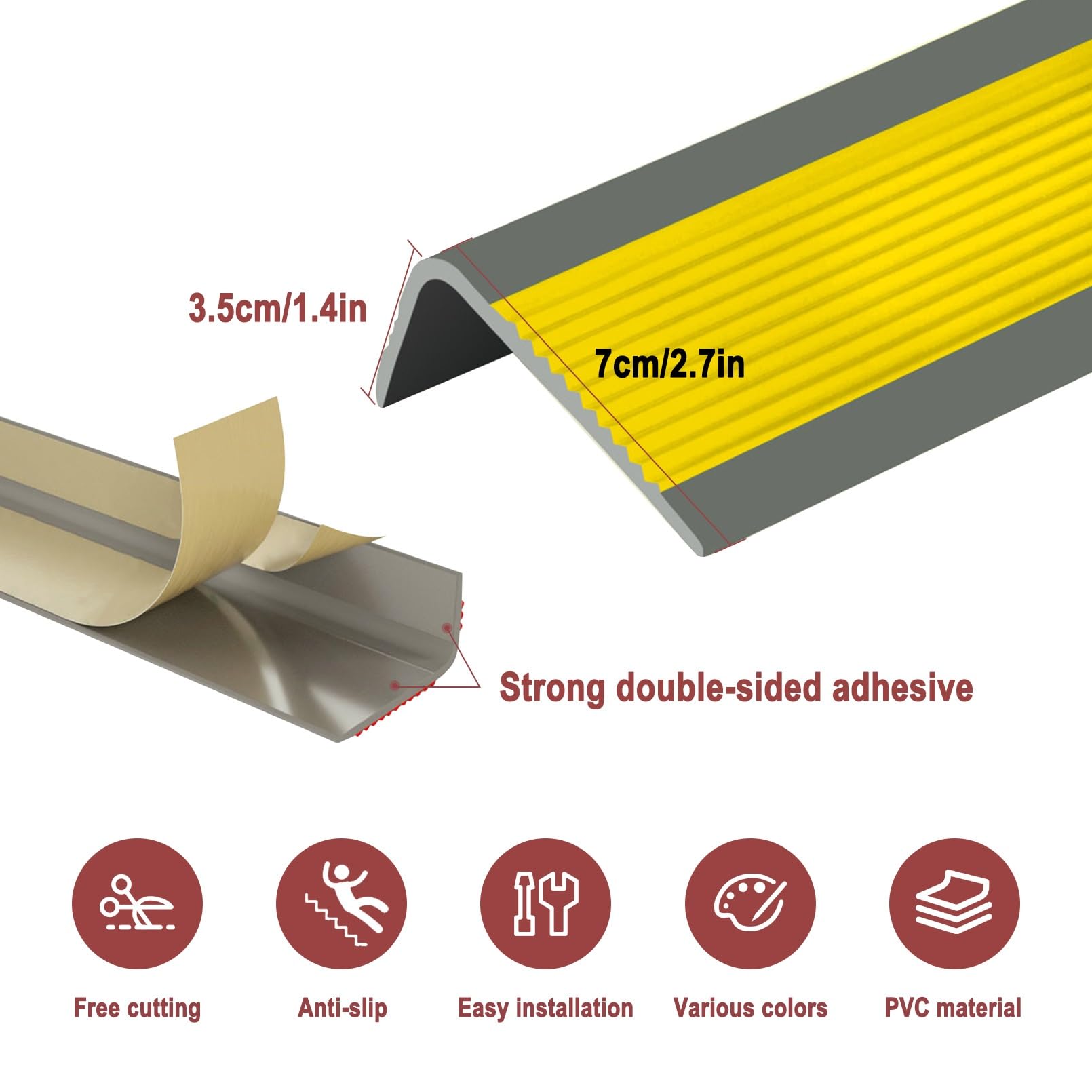 Perfil de Borde de Escalera Autoadhesivo, Tiras Antideslizantes Para Peldaños, Autoadhesivo, Buena Flexibilidad, Utilizado Para Escaleras Interiores Y Exteriores, Protector de Bordes de Escaleras(Gray