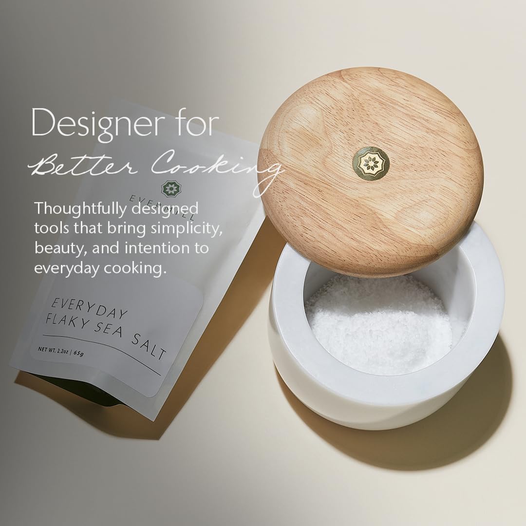 Evermill Salt Cellar (Salt Well) – Premium Marble or Concrete Container with Wooden Lid – Easy Access Kitchen Salt Box with Magnetic Swivel Lid – Includes Sea Salt (Marble with Walnut)