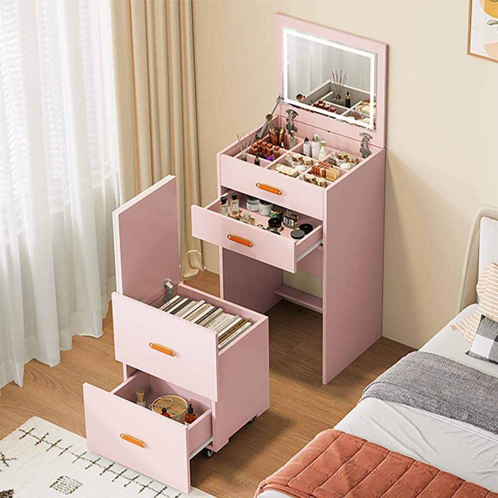 Small Makeup Vanity Desk with Mirror and Lights, 3-in-1 Compact Vanity Set, Nightstand, Dressing Table with Adjustable 3-Light Mode Storage Rolling Chair for Girls Small Room, Bedroom, Apartment Pink