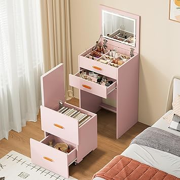 Small Makeup Vanity Desk with Mirror and Lights, 3-in-1 Compact Vanity Set, Nightstand, Dressing Table with Adjustable 3-Light Mode Storage Rolling Chair for Girls Small Room, Bedroom, Apartment Pink