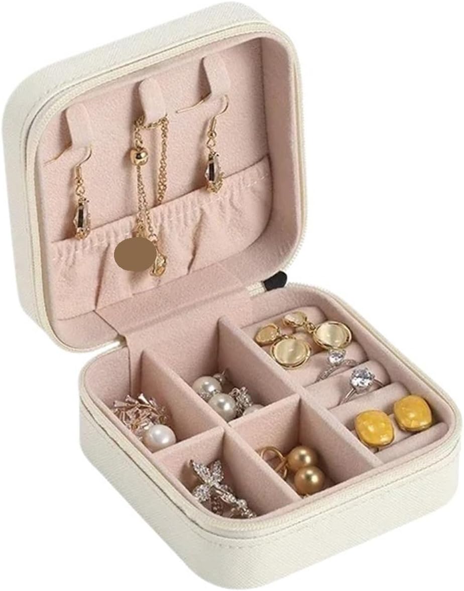 Portable Mini Jewelry Storage Box Travel Organizer Case Leather Earrings Necklace Ring Display for Rings Necklace(White)