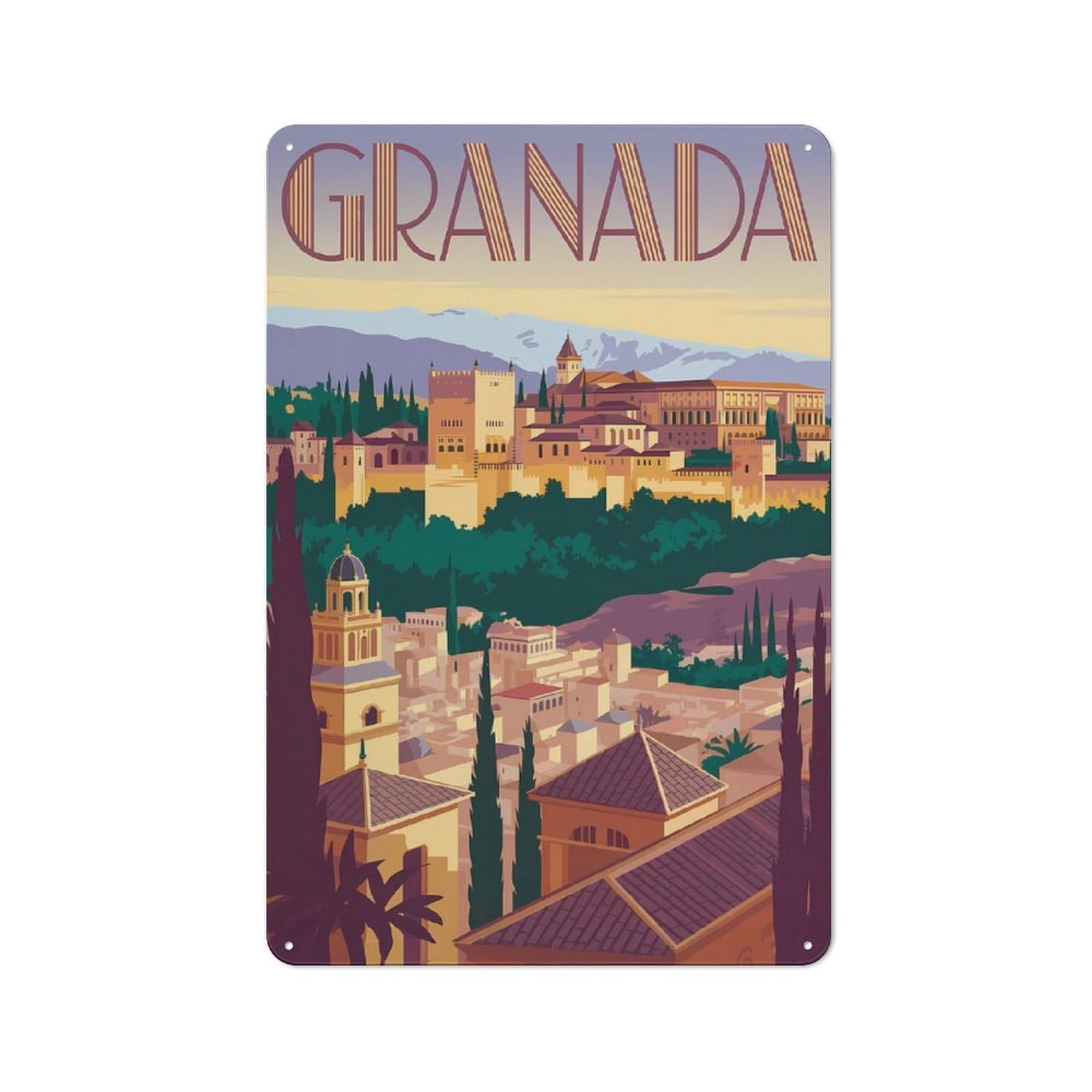 Junmoney Style Rustic Tin Sign 30X20cm Featuring Granada Cityscape Vintage Travel For Living Room Wall, For Room Styling Across Living Rooms And Feature Walls