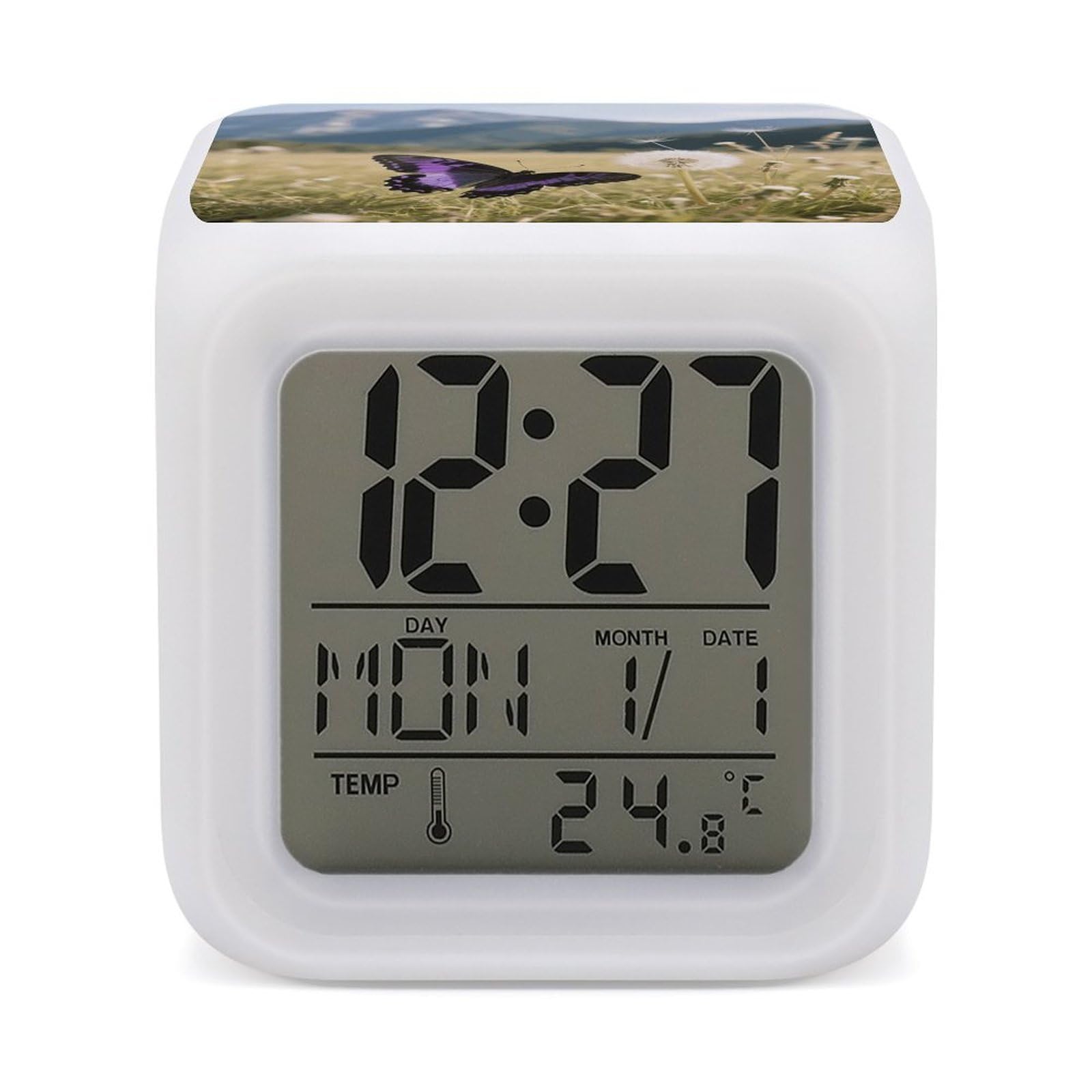 VstaDank Butterfly Alarm Clock with Date Temperature Large LED Display Number Clocks with 7 Colors Changing Desk Clock Battery Operated Digital Clocks with Date for Heavy Sleepers