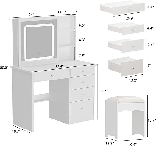 Miniatura 7 de AGOTENI Juego de tocador grande con espejo, 5 cajones y estantes, tocador y taburete acolchado (espejo iluminado deslizante blanco)