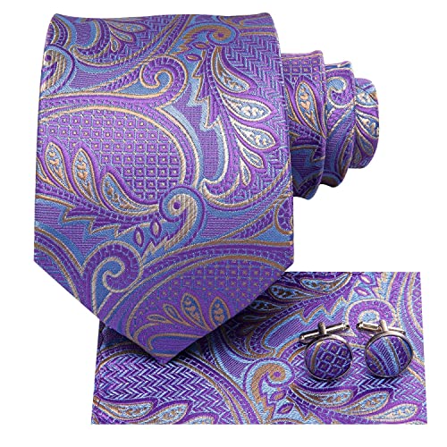 Image of Hi-Tie Men 63inches Tie Set Extra Long Necktie Paisley Tie Pocket Suqare Cufflinks Big and Tall Men Tie