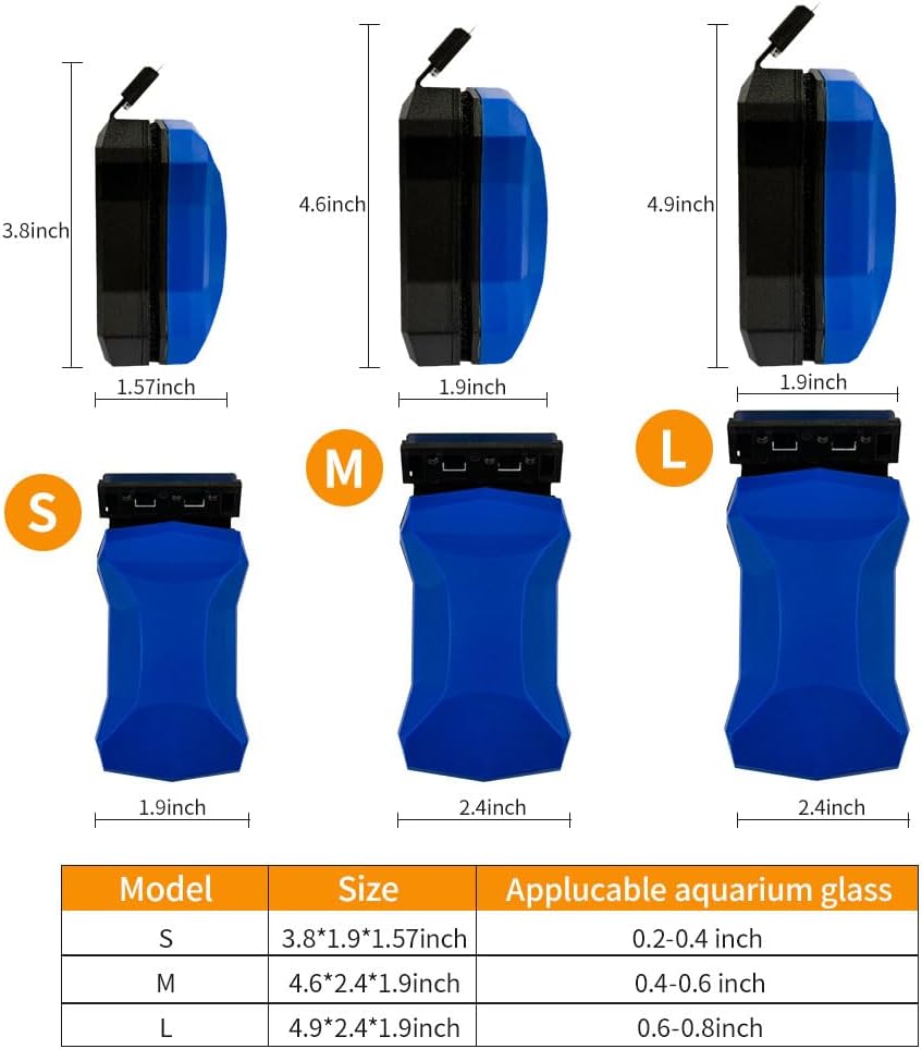 Magnetic Fish Tank Glass Cleaner, Dual-Blades Algae Scraper Glass Cleaner Scrubber with 2 Detachable Scrapers, Double Side Floating Magnetic Brush for 0.2-0.4 Inch Thick Glass Aquariums Tank, Size S