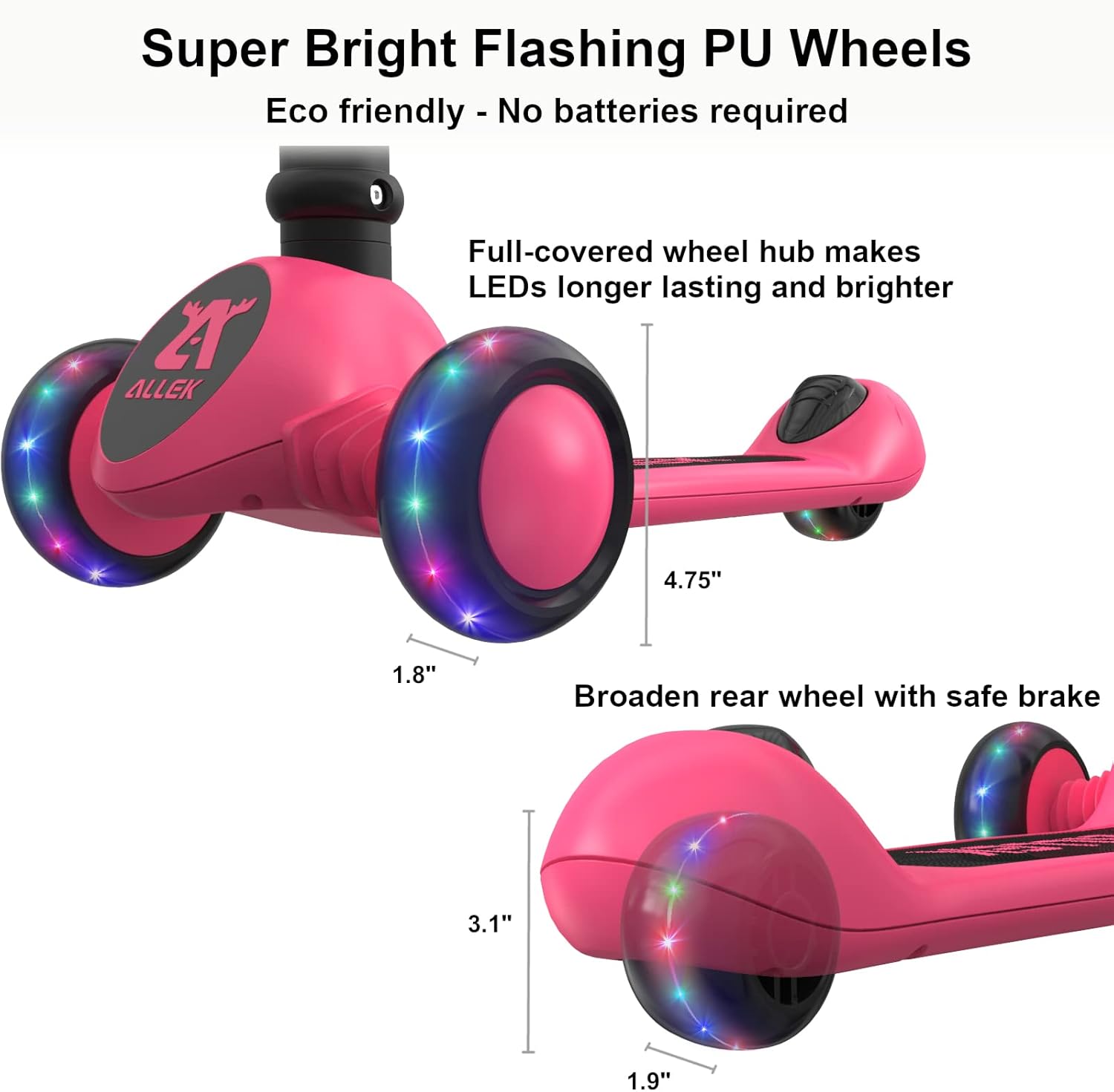 Allek Kick Scooter Foldable F02, 3-Wheel LED Flashing Glider and 4 Adjustable Height with Anti-Slip Thick Deck Push Scooter for Children 3-12yrs