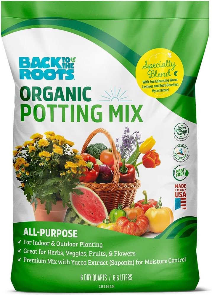 Back to the Roots All-Purpose Potting Soil (6 Quarts), 100% Organic & USA Made, for Indoor and Outdoor Plants, Succulents, Flowers, and Vegetables