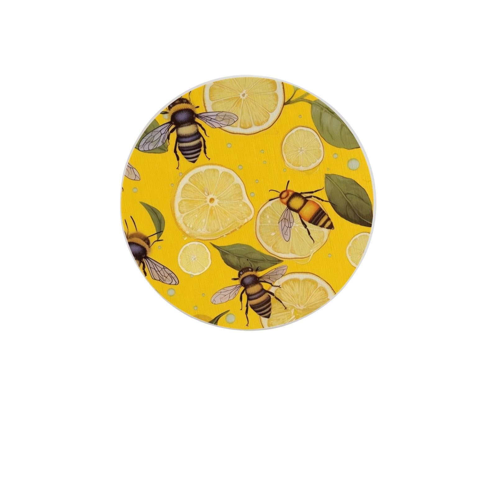 Yellow Lemon and Bee Absorbent Drink Coasters Diatomaceous Round Coaster 4 Inch Reusable Cup Coasters Set 4pc