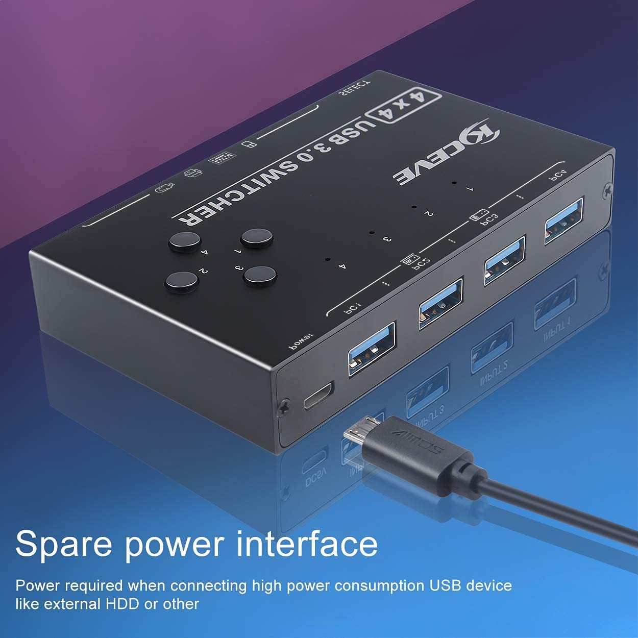 KCEVE Przełącznik USB 3.0, koncentrator USB do 4 komputerów, udostępnianie 4 urządzeń USB do myszy, klawiatury, skanera, drukarki itp