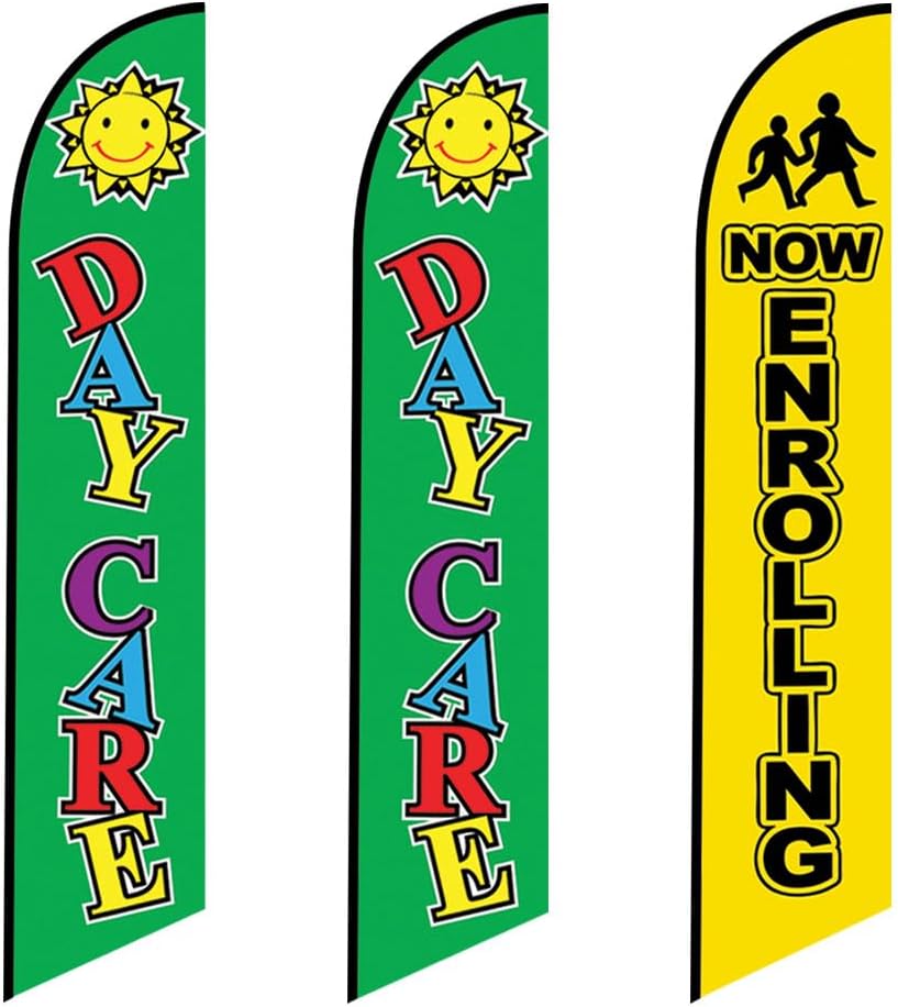 DAY CARE & NOW ENROLLING Feather Flag Swooper Banner Includes 15FT Pole Kits and Ground Spikes Eye catching Outdoor Advertising Signs for Childcare Centers – 2 Complete Sets