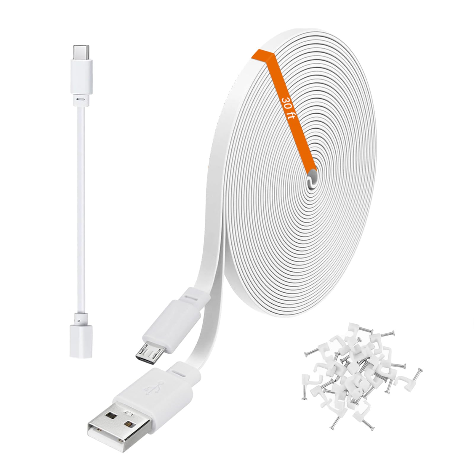 weishan 30ft Power Extension Cable Compatible with eufy Security Cam S220, S340, E220, P24-9m Long Flat USB to Micro USB Charging Cord with USB-C