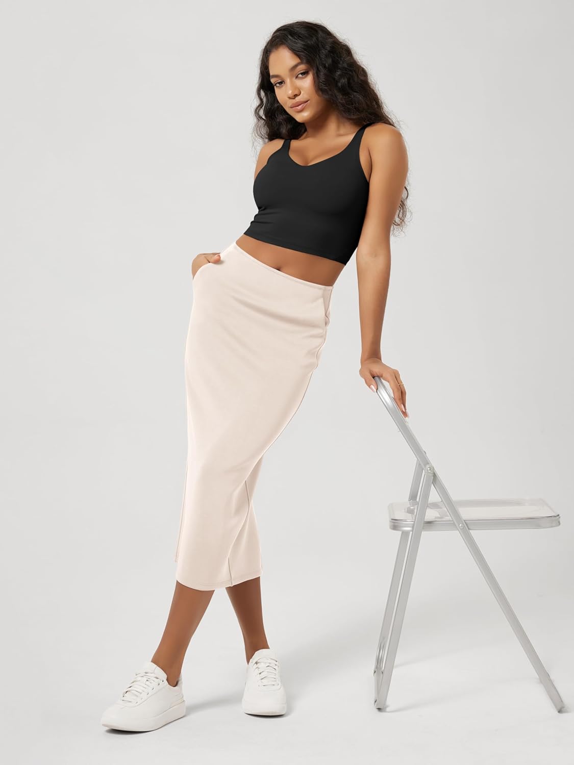 ODODOS Modal Soft Midi Skirt for Women Back Slit High Waist Casual Long Pencil Skirts with Pockets - Image 3