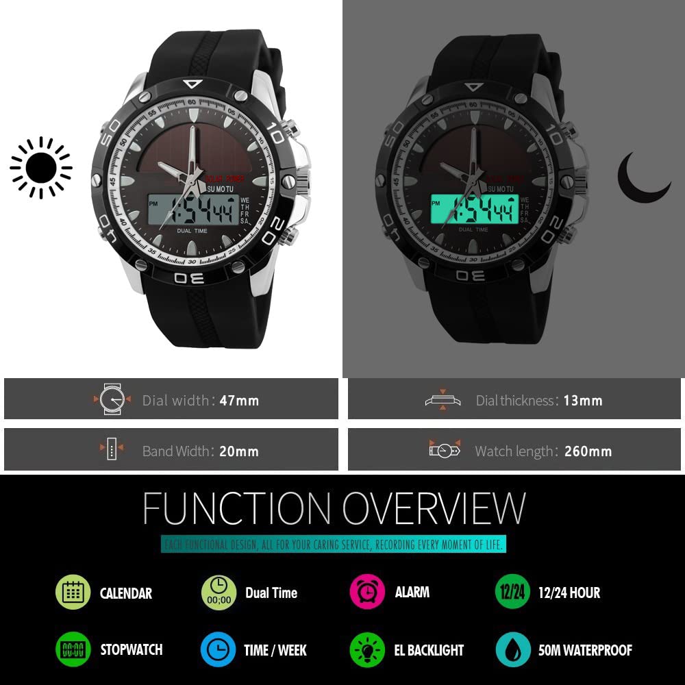 Solaire Montres Bracelet de Homme Outdoor Militaires 5ATM Étanche Multifonctionnel Analogique Quartz LED Sport Digital Montre Acier Inoxydable de la Lunette et Caoutchouc Ruban