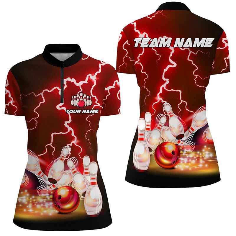 Herren & Damen Bowling Polo & Quarter Zip Shirts Custom Rot Blitz Donner Bowling Team Jersey, Geschenk für Bowler T150