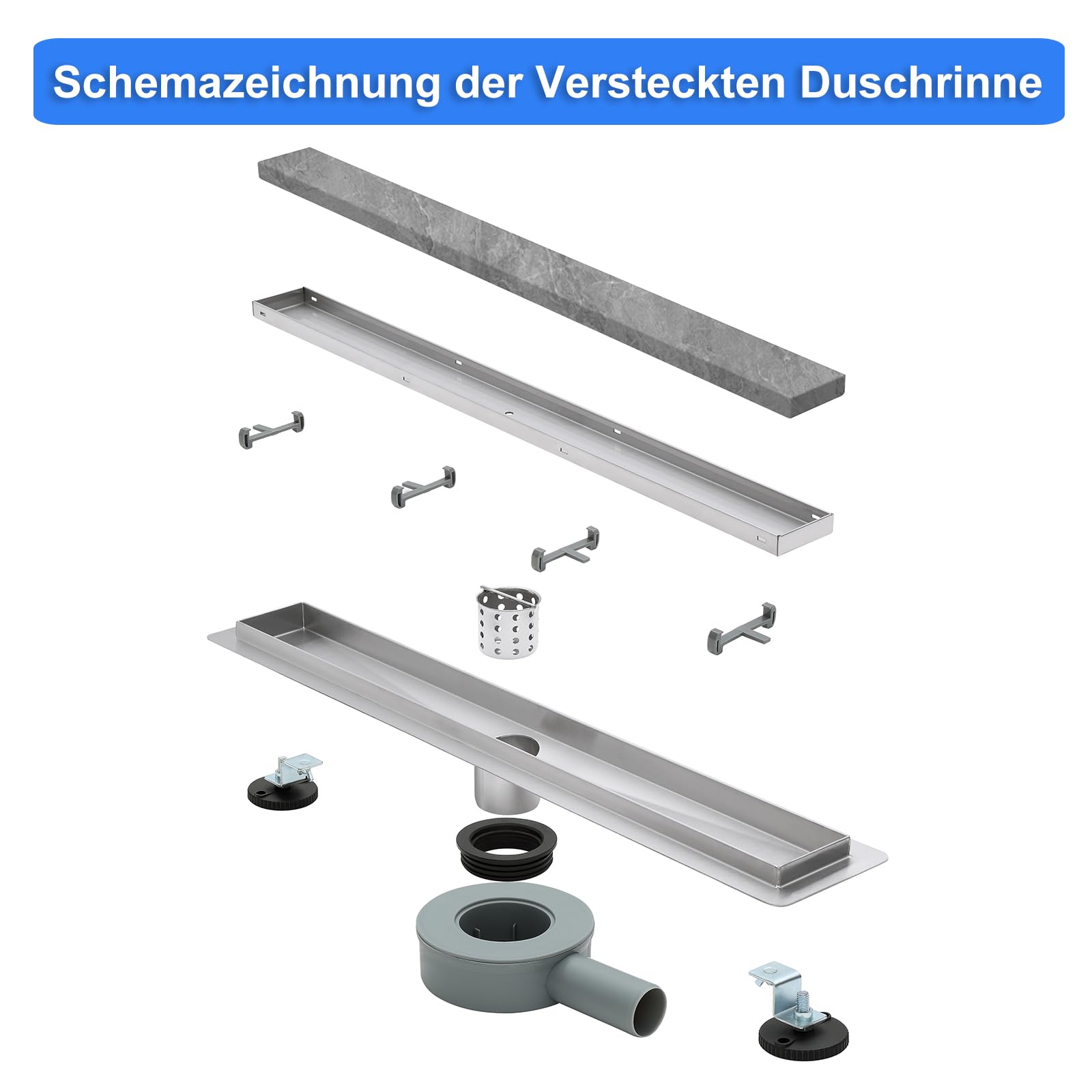 Duschrinne Befliesbar 80cm Gebürstet, 360° Siphon mit Geruchsstop und Haarsieb, 304 Edelstahl Ablaufrinne Bodenablauf Duschablauf sehr Flach DN50 DN40