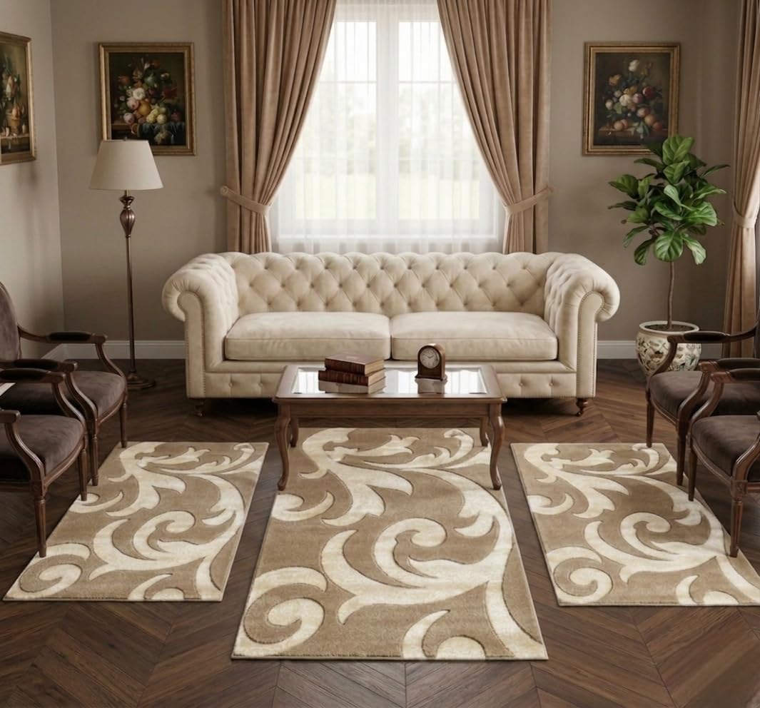 Tris Tappeti Scendiletto in Velluto Frisè Beige
