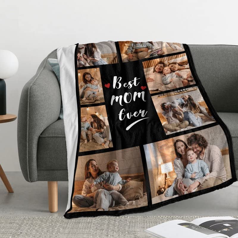 Ecautly Best Mom Ever Custom Blanket - Personalized Flannel Blanket with Photos for Birthday Gifts from Daughter Son - I Love You Mom Customized Blanket