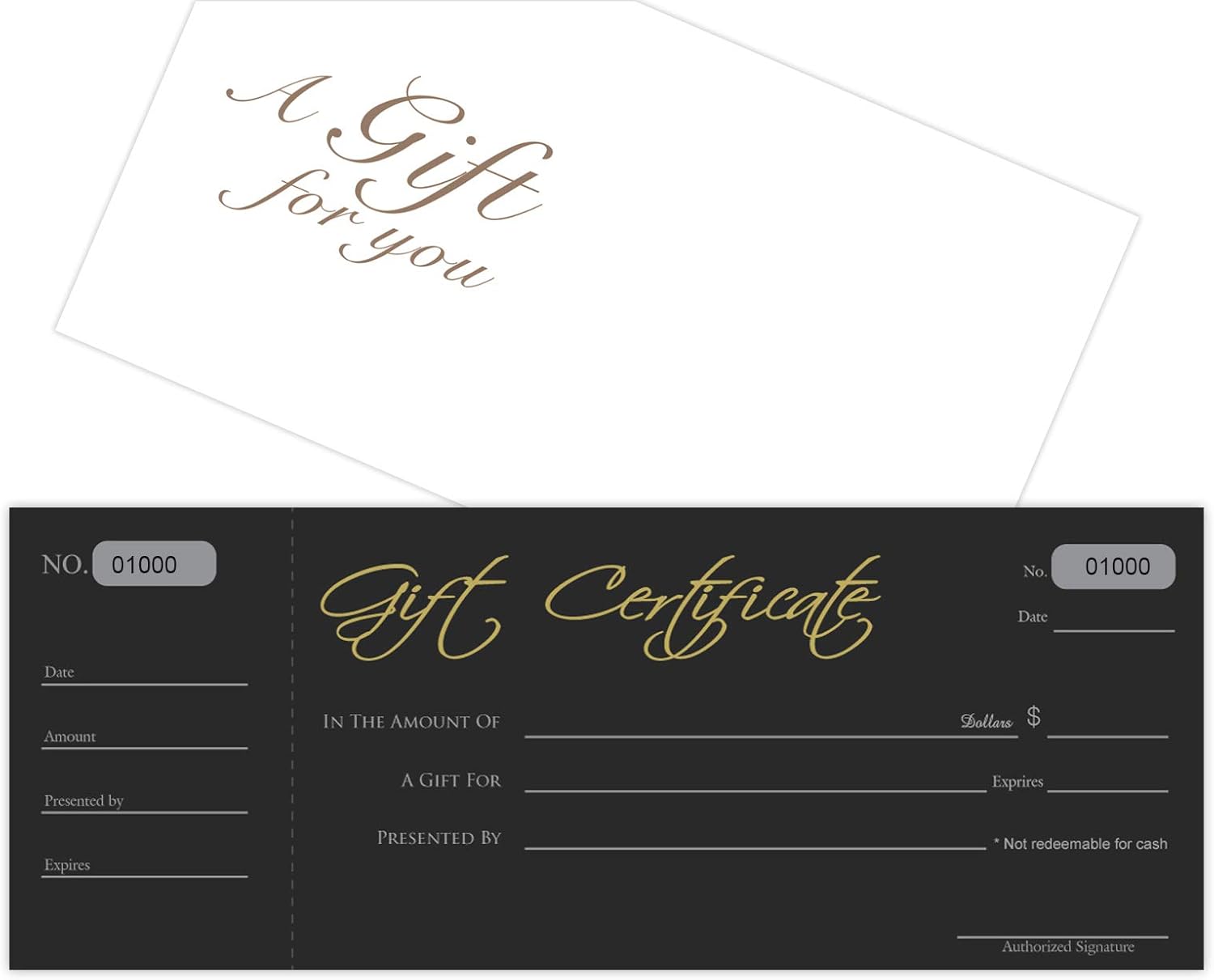 Blank Black Gift Certificates 25set, gift certificate for business, Comes with Free matching Envelopes, Sequential Number -White ink pen included