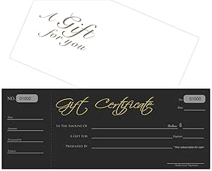 Blank Black Gift Certificates 25 Set With Envelopes - Sequential Numbering For Businesses