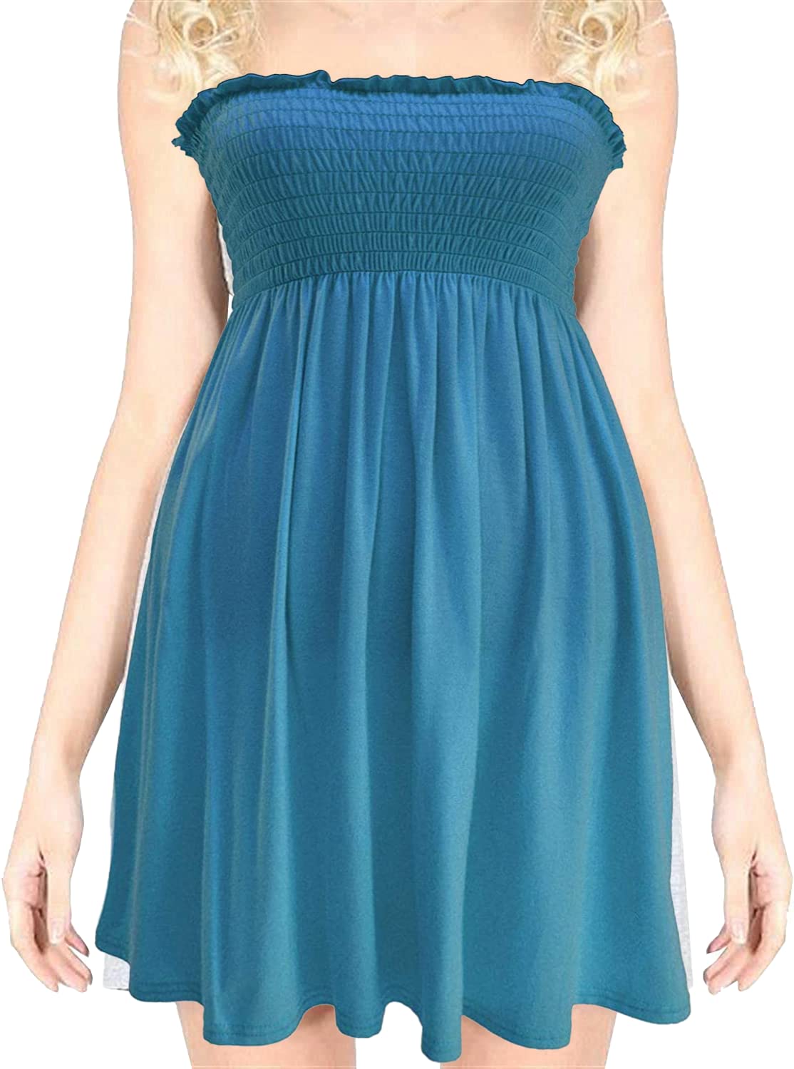 Naz Fashion Women's Teal Sheering Gather Bandeau Boobtube Plain Top Mini Dress Uk 16 To 18